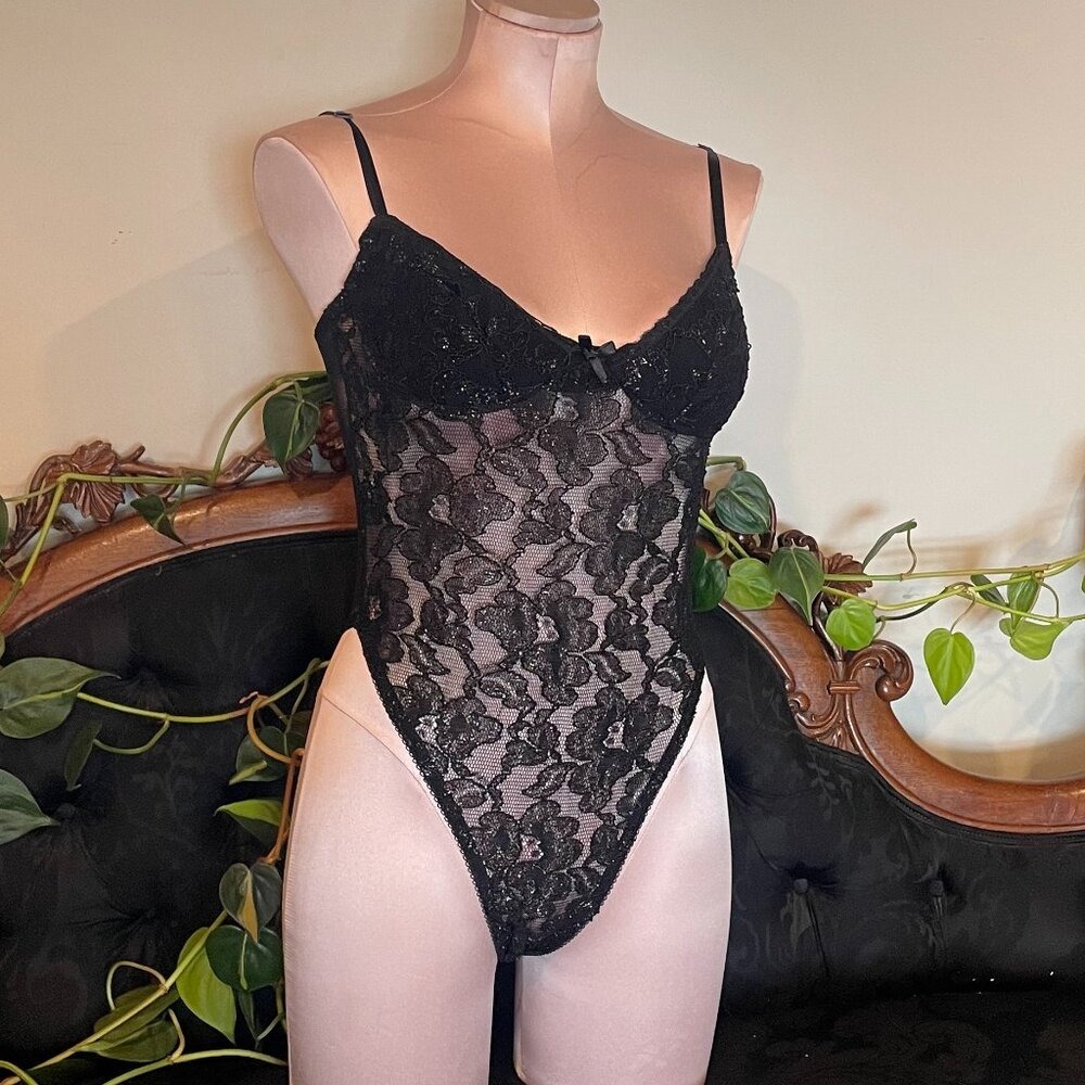 Vintage Sheer Lace Teddy Bodysuit High Cut lingerie shiny Size L Black